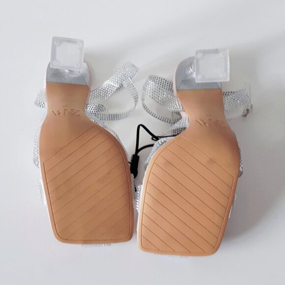 NWT Zara transparent rhinestone embellished vinyl heeled cage strappy sandals, 8 - Picture 11 of 12